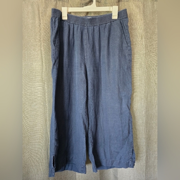Michael Stars 100% Linen Navy Blue Wide Leg Cropped Pants Size L Elastic Waist - Picture 1 of 5